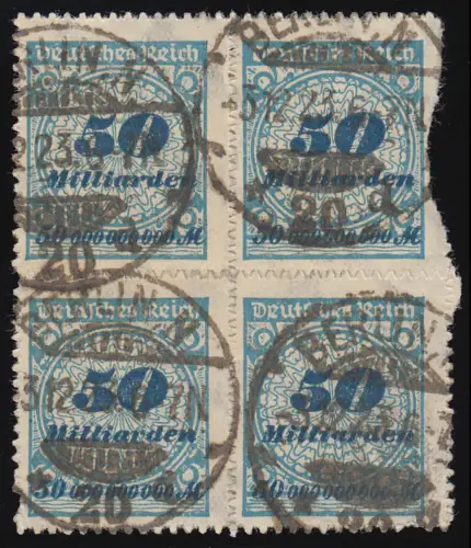 330 B Höchstwert 50 Mrd. durchstochen, Viererblock gestempelt O, Fotoattest BPP