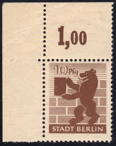 SBZ 4 Ac wa z Bär 10 Pf, schwarzbraun, geprüft Ecke - seltene Farbe, ** FA BPP