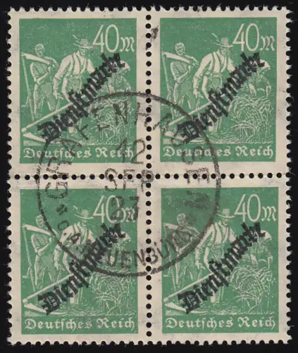 77b Arbeiter 40 M., Viererblock gestempelt O, alle tiefst geprüft BPP / Infla