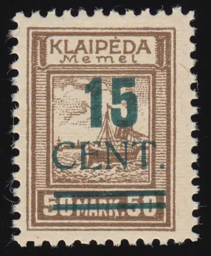 Memel 234 I Aufdruckmarke 15 Cent. auf 50 Mark, Befund BPP * einwandfrei