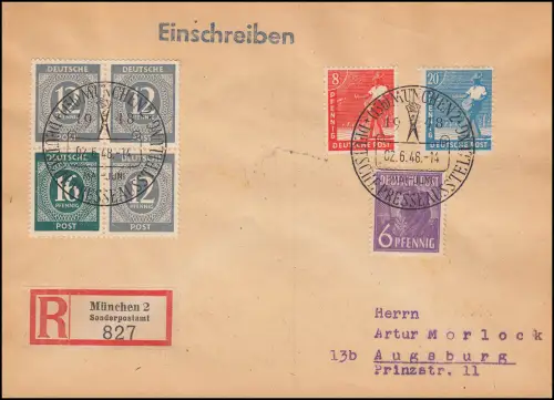 Ziffern-ZD W 158 im Viererblock MiF R-Brief SSt MÜNCHEN 2.6.48 nach Augsburg
