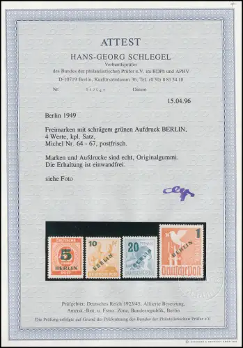 64-67 Grünaufdruck, Satz mit Fotoattest Schlegel BPP einwandfrei postfrisch **