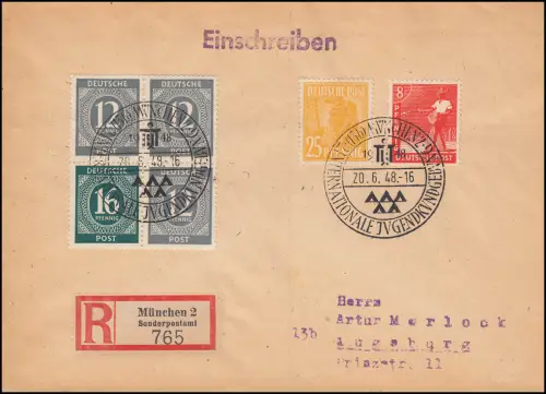 Ziffern-ZD W 158 im Viererblock MiF R-Brief SSt MÜNCHEN 20.6.48 nach Augsburg