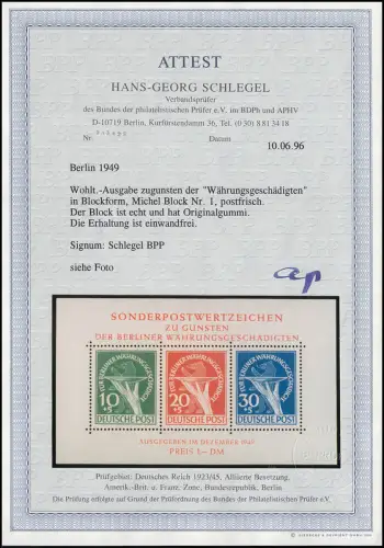 Block 1 Währungsgeschädigte 1949 - postfrisch ** mit Fotoattest Schlegel BPP