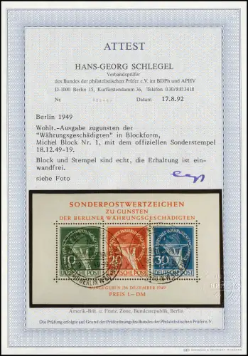 Block 1 Währungsgeschädigte ESST 17.12.1949, Fotoattest Schlegel einwandfrei
