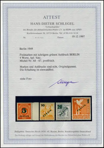 64-67 Grünaufdruck, Satz postfrisch **, Fotoattest Schlegel BPP einwandfrei