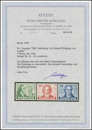 61-63 Goethe, kompletter Satz postfrisch **, Fotoattest Schlegel BPP einwandfrei