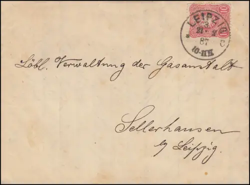 41 auf kpl. Faltbrief Fabrik für Gasmesser LEIPZIG 21.2.1887 nach Sellerhausen