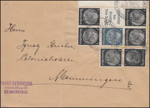 Hindenburg-ZD S 214 und S 174 als Bogenteil auf Brief SSt HEIMENKIRCH 27.11.40