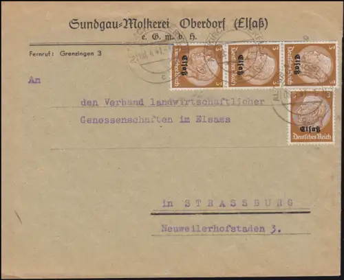 Elsaß 1 Hindenburg 3 Pf mit Aufdruck MeF auf Brief ALTKIRCH (OBERELS.) 8.4.1941