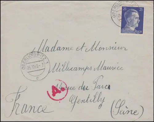 703 Freimarke 25 Pf. EF auf Auslandsbrief OBERLUNGWITZ 5.10.1943 nach Gentilly
