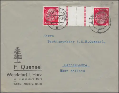 Hindenburg-Zusammendruck KZ 23.2 auf Brief BLANKENBURG (HARZ) 21.3.1937