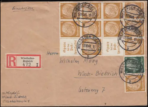 Hindenburg-ZD S 178 im 12er-Block mit Zusatzfr. R-Bf WIESBADEN-BIEBRICH 17.10.41