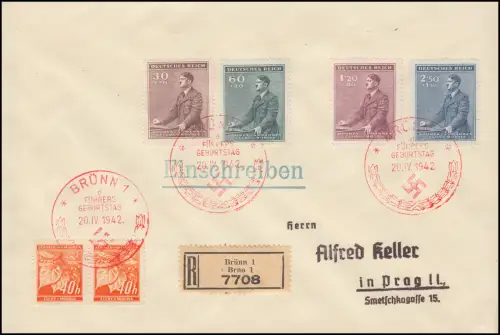 Böhmen und Mähren 85-88 Freimarken + Zusatzfr. R-FDC roter ESSt BRÜNN 20.4.1942