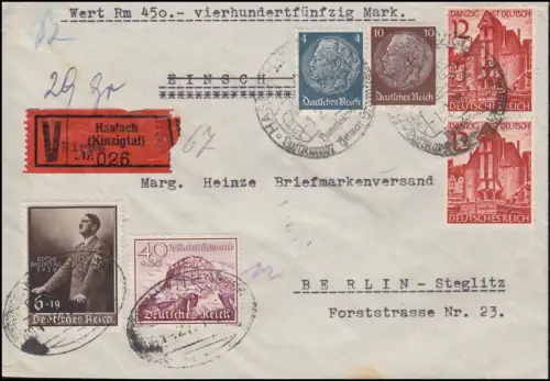 701 Reichsparteitag + 738 WHW Bauwerke + Zusatzfr. Wert-Brief SSt HASLACH 1.2.40