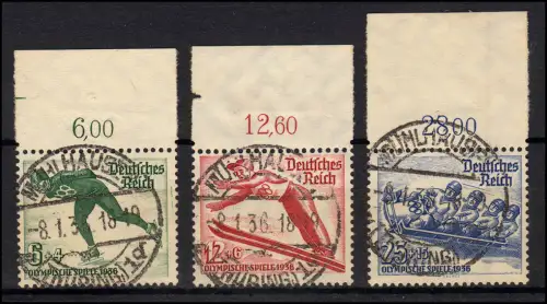600-602 Olympische Winterspiele 1935, Oberrand-Satz zentrisch gestempelt O