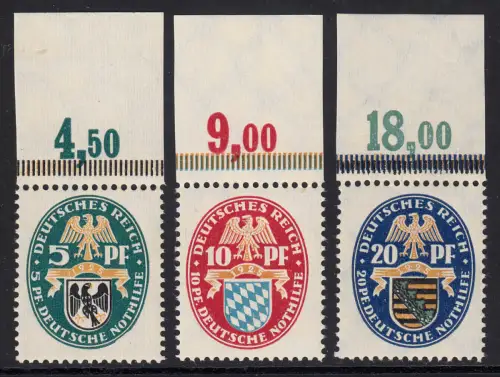 375-377 Nothilfe/Wappen 1925, kompletter Satz vom Oberrand, ungefaltet, **