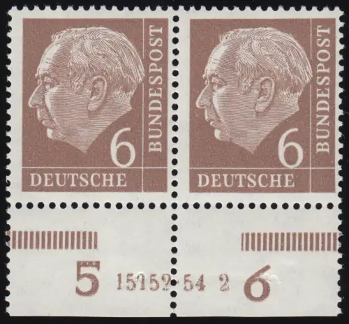 180 Heuss 6 Pf. Unterrand-Paar mit HAN 15152.54 2, ungefaltet, **