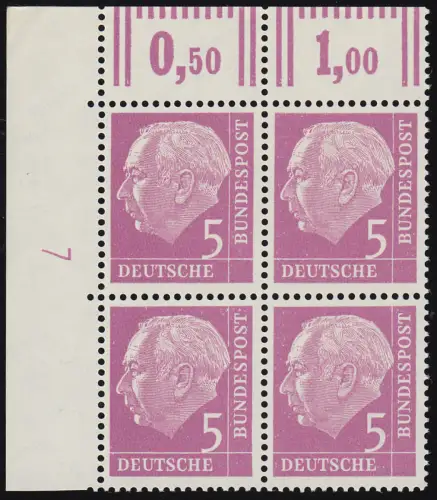 179xWw Heuss 5 Pf Eck-Viererblock oben links mit Druckerzeichen DZ 7 positiv, **