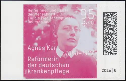 3951 Wofa 95+40 Agnes Karll, Krankenschwester, SELBSTKLEBEND, postfrisch **