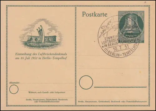 P 24 Luftbrückendenkmal 10 Pf als FDC passender ESSt BERLIN-TEMPELHOF 10.7.51 