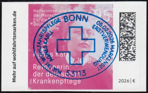 3951 Wofa 95+40 Agnes Karll, Krankenschwester, SELBSTKLEBEND, EV-O BONN 5.2.26