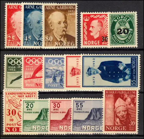 Norwegen 369-383 Jahrgänge 1951-1953 kpl. laut Abbildung, sauber postfrisch **