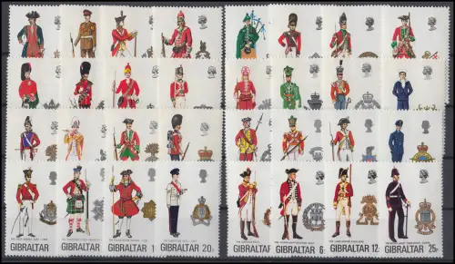 Gibraltar 229 etc. Militäruniformen, 8 Sätze komplett, sauber postfrisch **