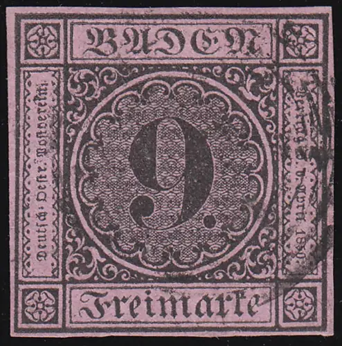 Baden 4b Ziffer 9 Kreuzer, mit Fünfringstempel zentrisch gestempelt O