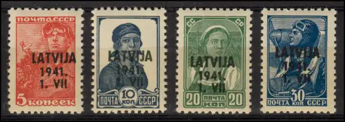 Lettland 1, 2, 4, 5 Freimarken mit Aufdruck, 4 Werte, sauber postfrisch **