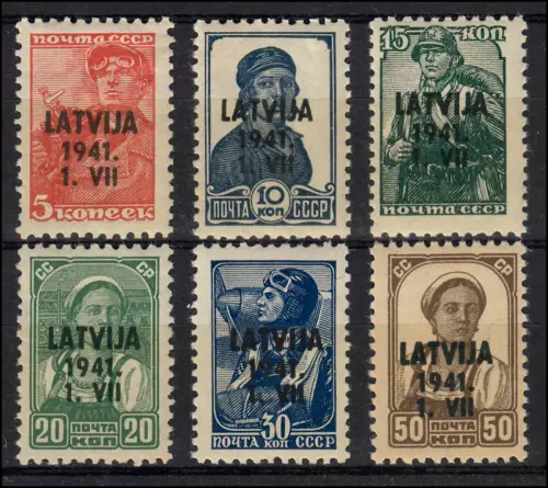 Lettland 1-6 Freimarken mit Aufdruck, 6 Werte, Satz komplett postfrisch **