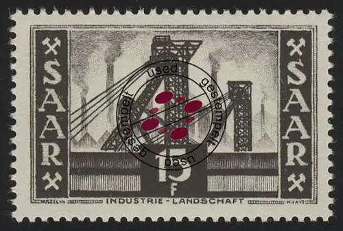 Saarland 328 Freimarke 15 Fr, rotschwarz, mit Inschrift, gestempelt O