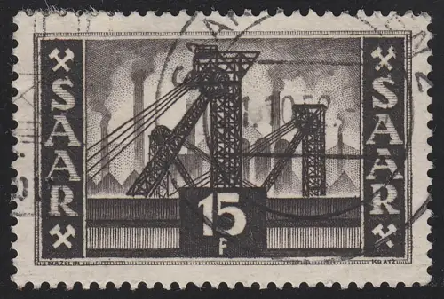 Saarland 327 Freimarke 15 Fr, rotschwarz, ohne Inschrift, gestempelt O