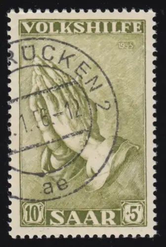 Saarland 366 Volkshilfe Gemälde Dürer 10 Fr 1955, gestempelt O