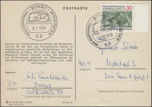 Postkarte Postwertzeichen-Ausstellung mit SABRIA'70 SSt Bonn 5.10.1970