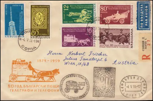 Bulgarien 1104-1109 Postjubiläum auf R-FDC Sofia 4.5.59 nach Wien, AK-O