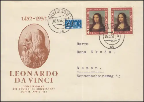 148 I Mona Lisa Type I Paar + Notopfer MeF Schmuck-Orts-Brief, ESSEN 5.5.52