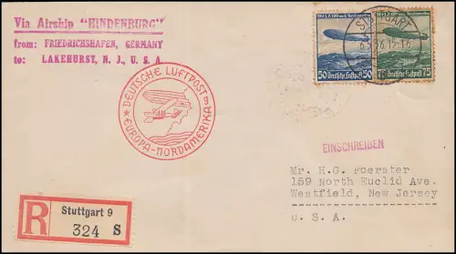 Zeppelinpost Luftschiff Hindenburg von STUTTGART 6.5.36 in die USA