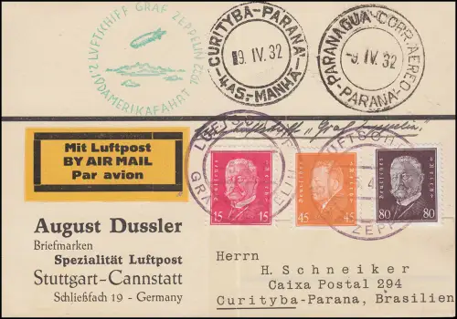 Zeppelinpost LZ 127 2. Südamerikafahrt 5.4.1932 Luftpostkarte nach Brasilien