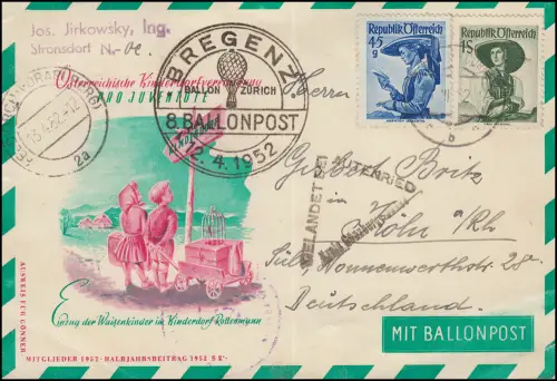 Österreich Kinderdorf 8. Ballonpost Bregenz, Landung Autenried 12.4.1952