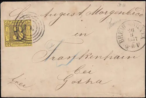 Thurn und Taxis 6b Wappen 3 Sgr., Faltbrief Bremen 26.3.1857 nach Frankenhain