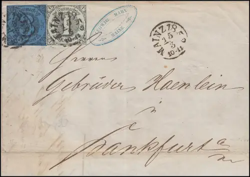 Thurn und Taxis 7a + 8 Wappen 3 + 1 Kreuzer, Faltbrief Mainz 15.3.1852 nach FfM