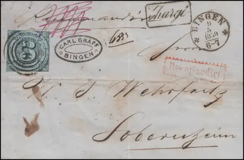 Thurn und Taxis 12 Wappen 3 Kreuzer, R-Faltbrief Bingen 9.5.1859 nach Sobernheim