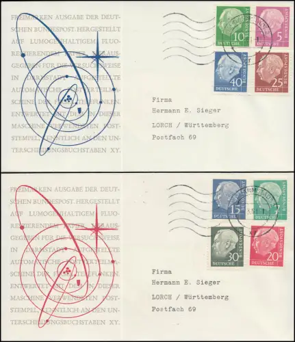 179-260y Heuss lumogen 8 Werte, auf zwei Sieger-Schmuck-Briefen, Darmstadt 3.3.61