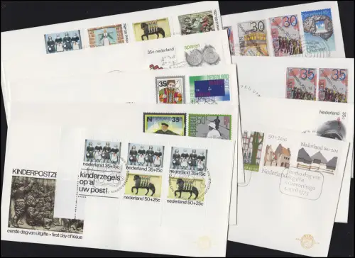 1043-1062 Niederlande-Jahrgang 1975 auf 9 FDC, NVPH-Nummer 137-144 mit Block 14