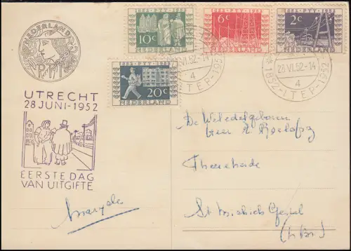 593-596 Reichstelegraphen-Satz auf FDC-Ansichtskarte mit ESSt UTRECHT 28.6.1952
