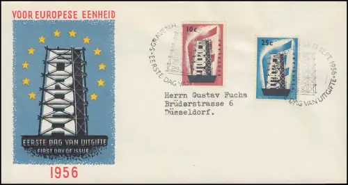 Niederlande 683-684 EUROPA / CEPT 1956 auf Schmuck-FDC nach Düsseldorf