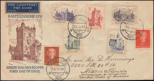 Niederlande Schlösser-Serie 1951 - Satz auf LP-FDC ENSCHEDE 15.5.51 in die USA
