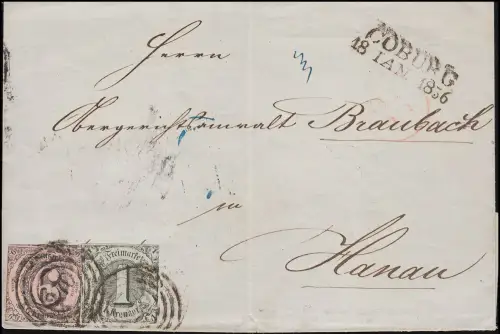 Thurn und Taxis 7a und 9aIA Wappen, Faltbrief Coburg 18.1.1856 nach Hanau, gpr.