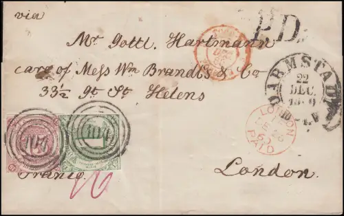 Thurn und Taxis 24 Wappen 15 Kreuzer MiF mit 1 Kr., Faltbrief 12.1860 nach GB